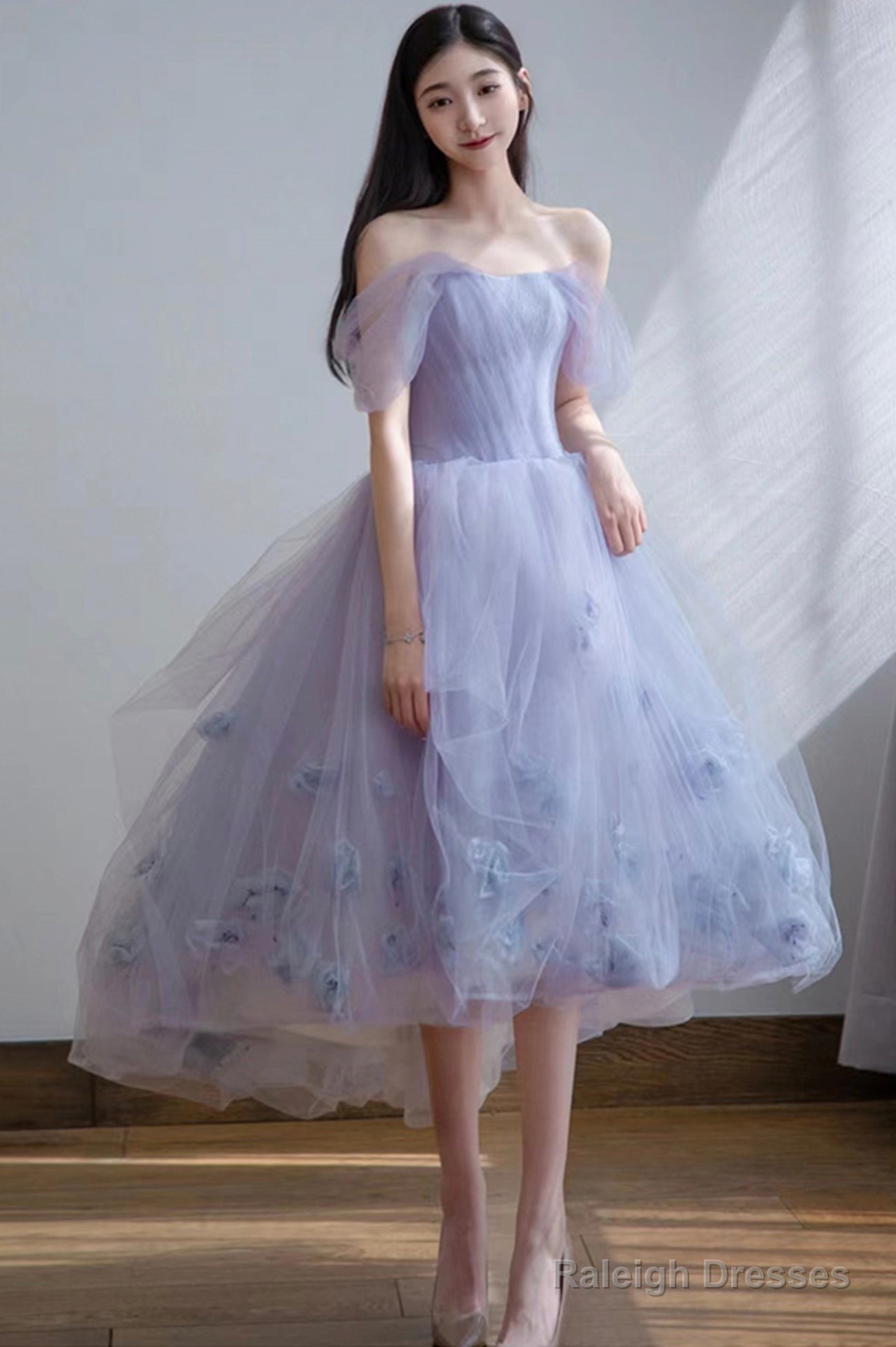 Cute Tulle Short A-Line Prom Dresses Purple Off The Shoulder Prom Dresses