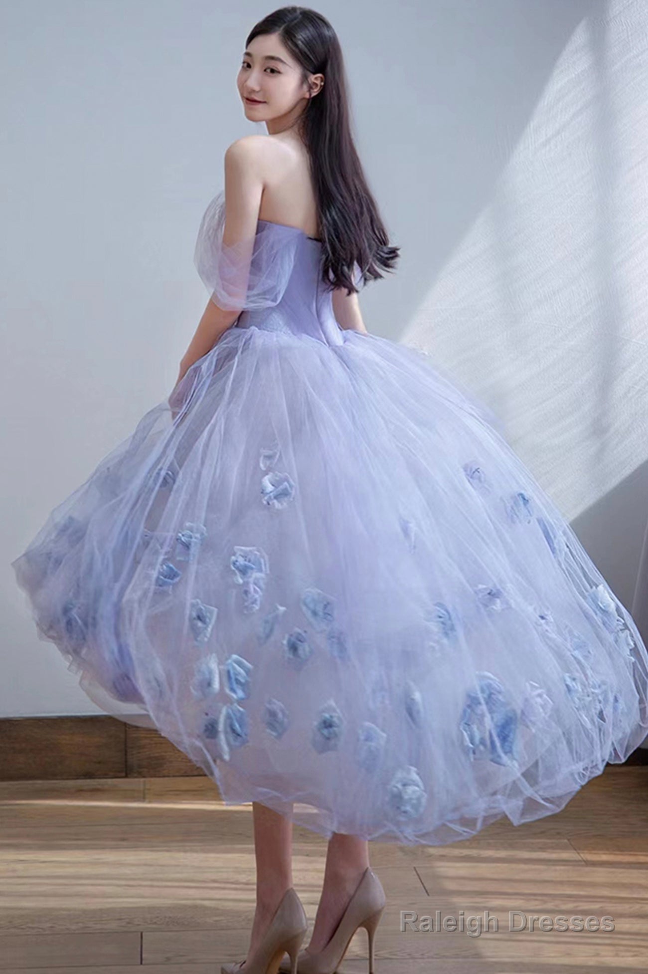 Cute Tulle Short A-Line Prom Dresses Purple Off The Shoulder Prom Dresses