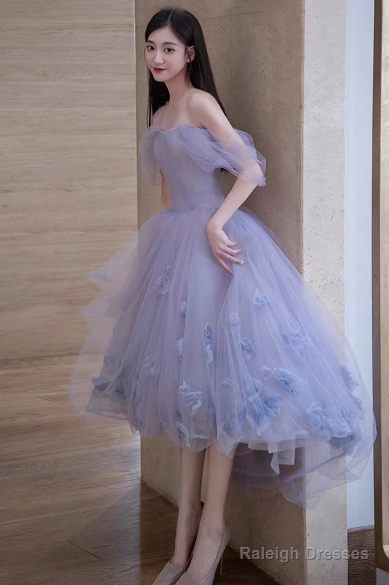 Cute Tulle Short A-Line Prom Dresses Purple Off The Shoulder Prom Dresses Main image
