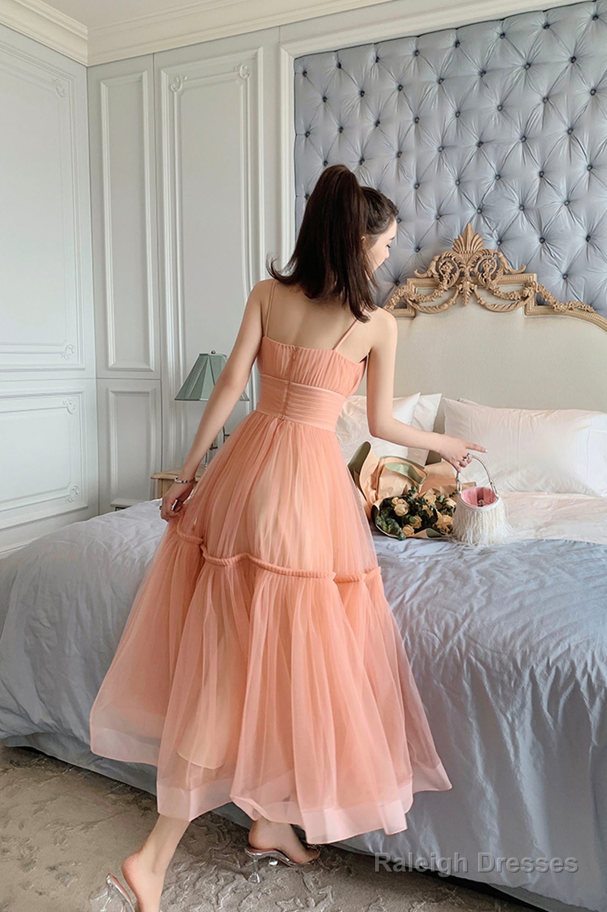 Cute Tulle Short A-Line Prom Dress, Spaghetti Strap Tulle Homecoming Dress