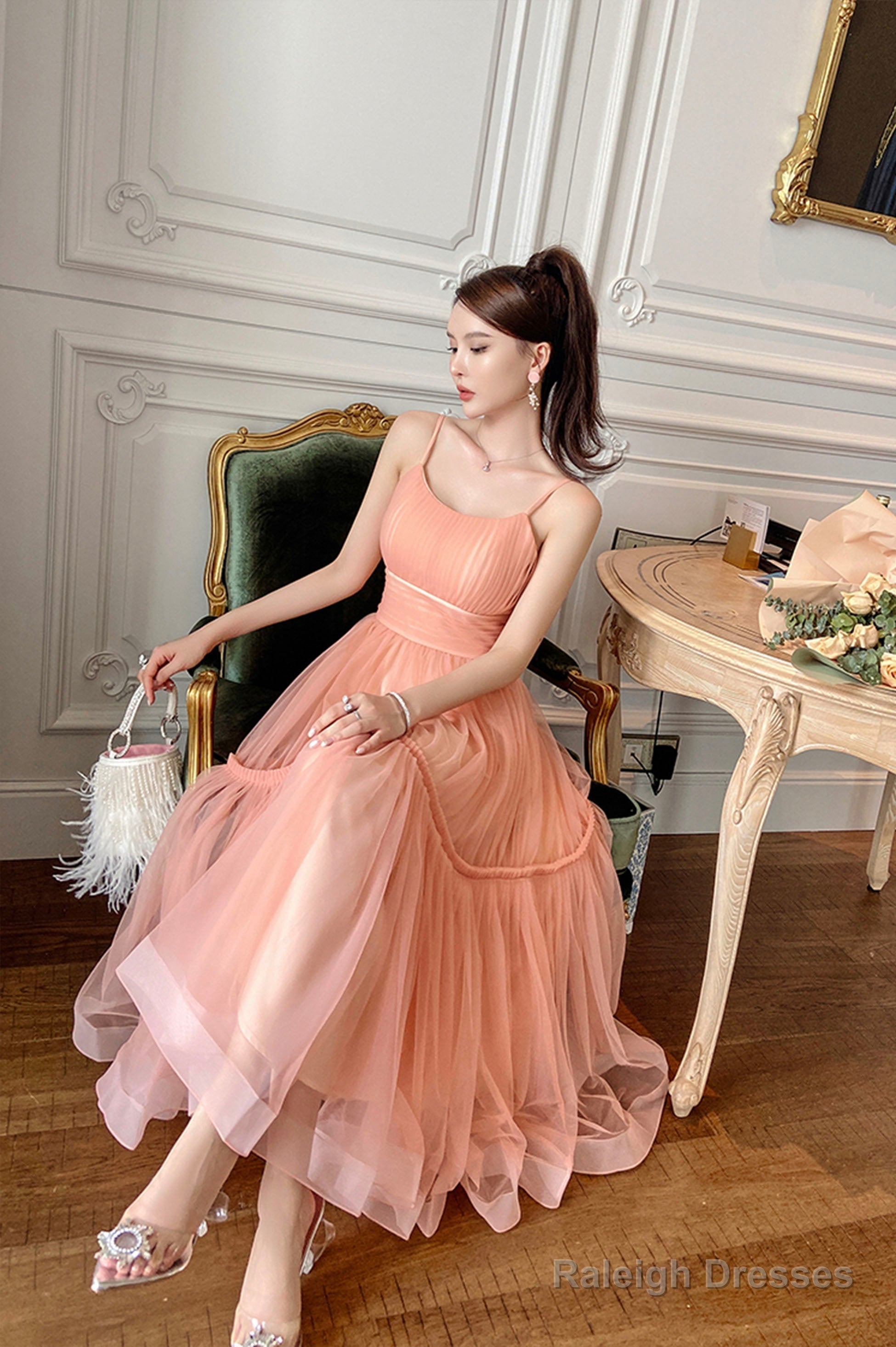Cute Tulle Short A-Line Prom Dress, Spaghetti Strap Tulle Homecoming Dress