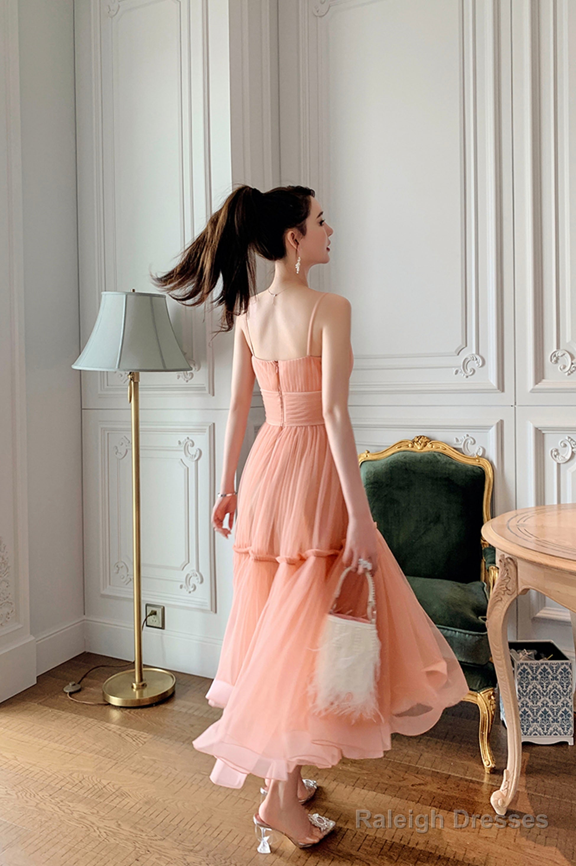 Cute Tulle Short A-Line Prom Dress, Spaghetti Strap Tulle Homecoming Dress