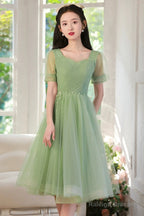Cute Tulle Short Knee Length Prom Dresses Green A-Line Prom Dresses