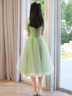 Cute Tulle Short Knee Length Prom Dresses Green A-Line Prom Dresses