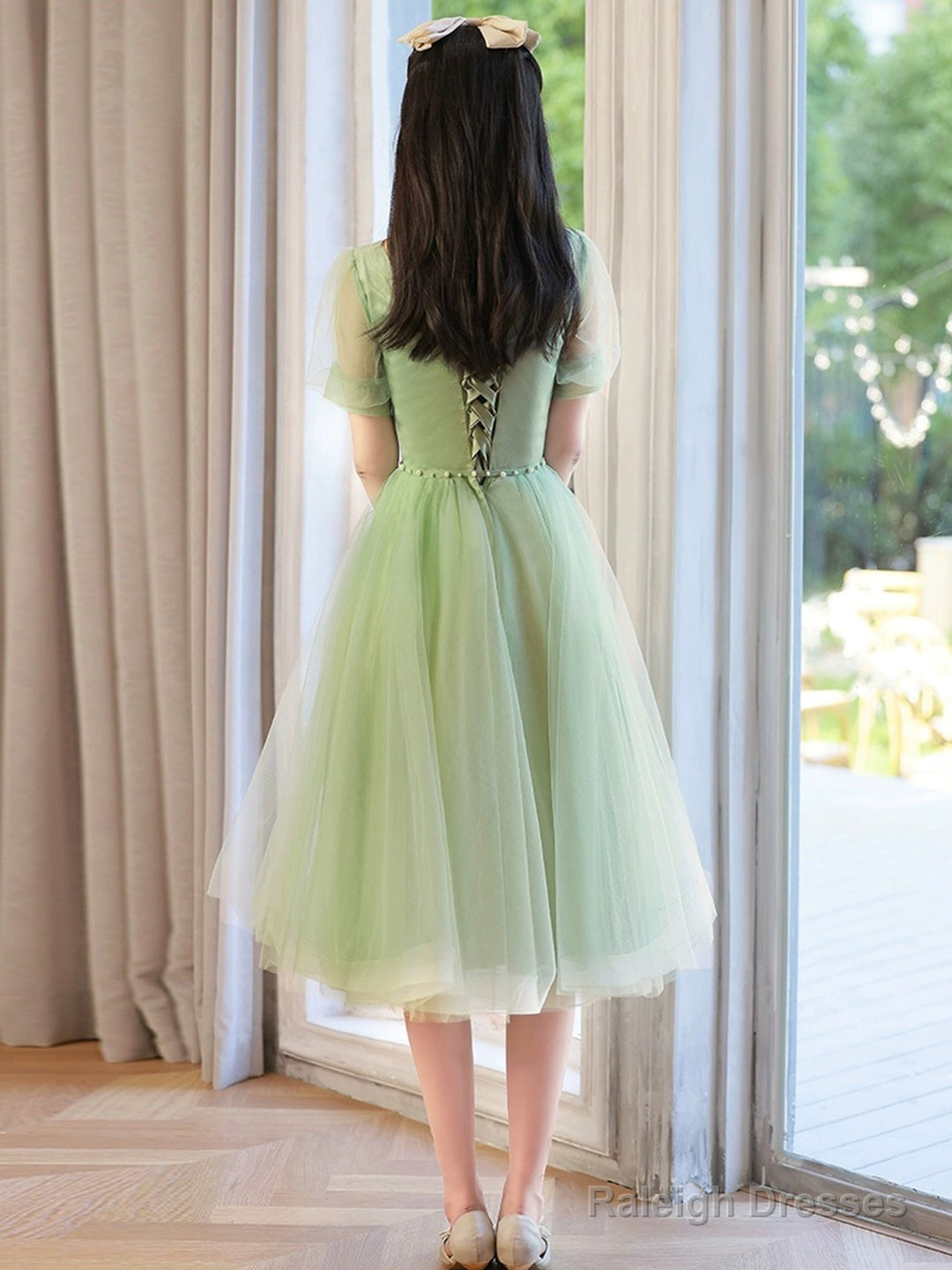Cute Tulle Short Knee Length Prom Dresses Green A-Line Prom Dresses