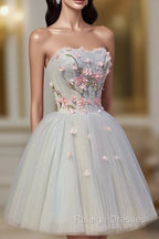 Cute Tulle Short Lace Applique Short Prom Dress, Tulle Puffy Homecoming Dress