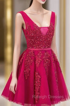 Cute Tulle V-neckline Beaded Short Prom Dress, Homecoming Dresses 2026