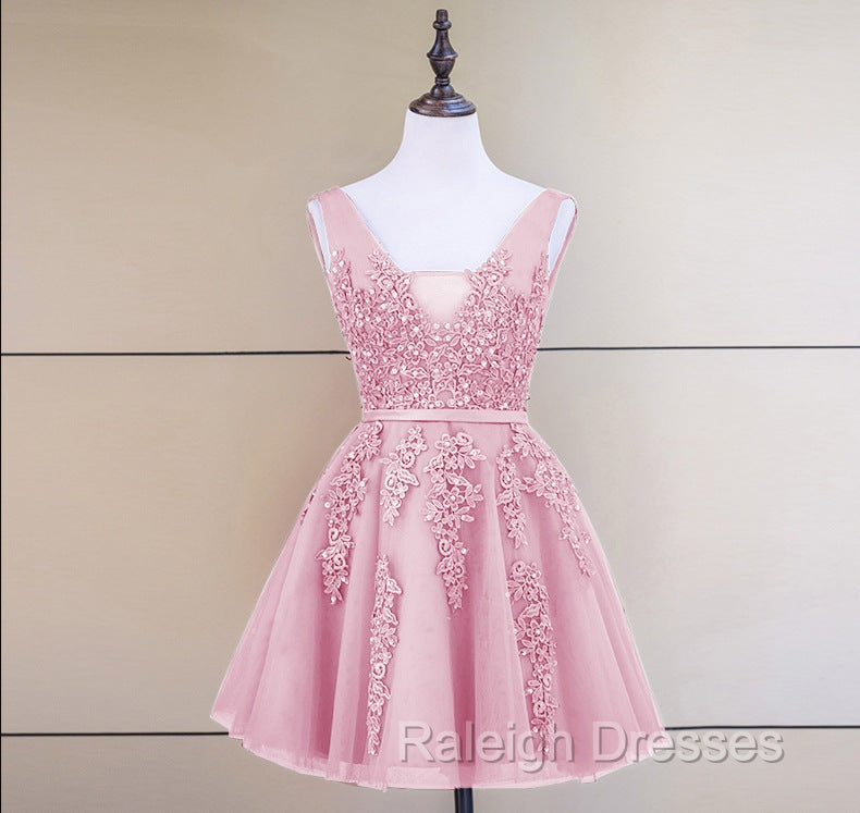 Cute Tulle V-neckline Beaded Short Prom Dress, Homecoming Dresses 2026