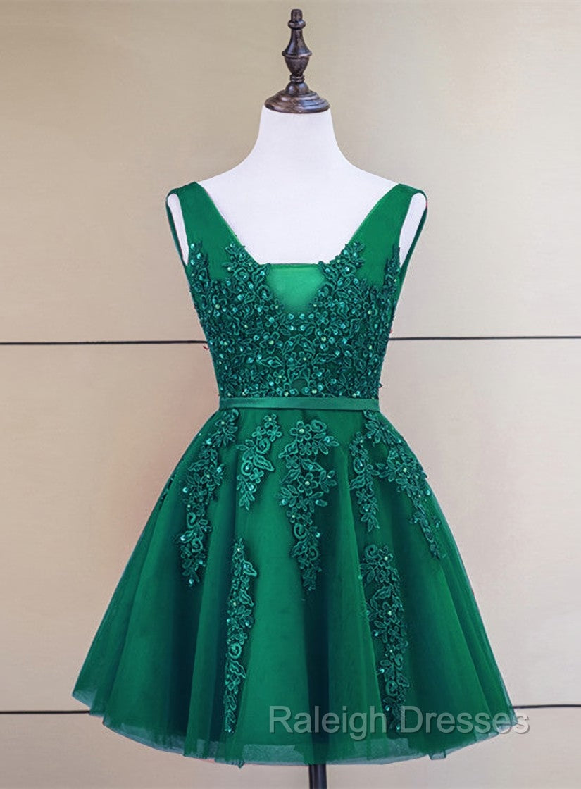 Cute Tulle V-neckline Beaded Short Prom Dress, Homecoming Dresses 2026