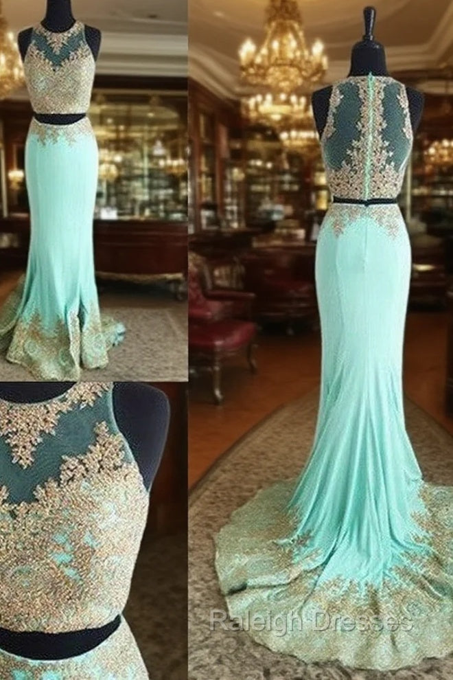 Cute Two Pieces Green Lace Mermaid Long Prom Dress, Evening Dress