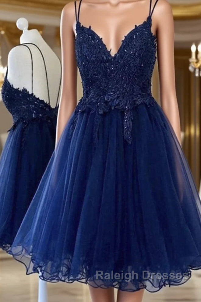 Cute V Neck Backless Blue Lace Short Prom Dresses, Blue Lace Homecoming Dresses, Blue Formal Evening Dresses Main image