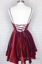 Cute V Neck Backless Burgundy Velvet Short Prom Homecoming Dresses Backless Maroon Prom Graduation Prom Dresses