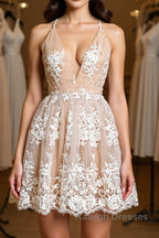 Cute V Neck Backless Pink Lace Appliques Short Prom Dress, Pink Lace Formal Graduation Homecoming Dress