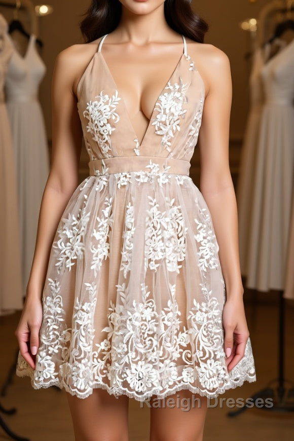 Cute V Neck Backless Pink Lace Appliques Short Prom Dresses Pink Lace Prom Graduation Homecoming Dresses Main image