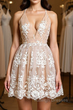 Cute V Neck Backless Pink Lace Appliques Short Prom Dresses Pink Lace Prom Graduation Homecoming Dresses