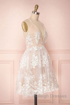 Cute V Neck Backless Pink Lace Appliques Short Prom Dresses Pink Lace Prom Graduation Homecoming Dresses