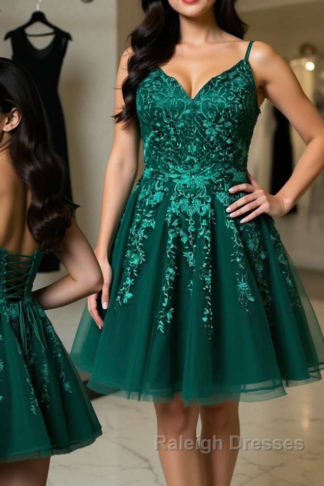 Cute V Neck Green Lace Short Prom Homecoming Dresses, Green Lace Formal Dresses, Green Evening Dresses