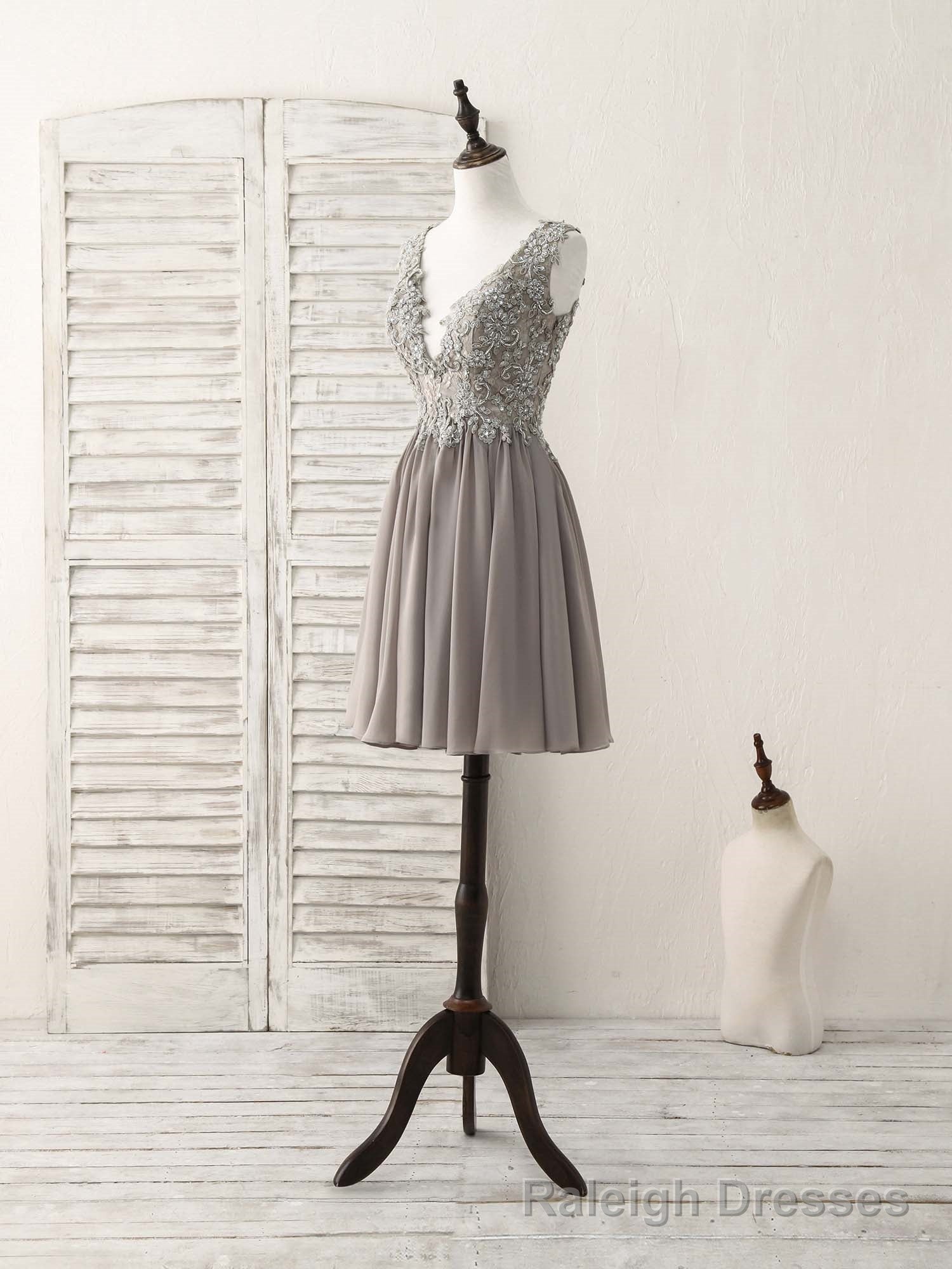 Cute V Neck Lace Chiffon Gray Short Prom Dress Gray Homecoming Dress Secondary image