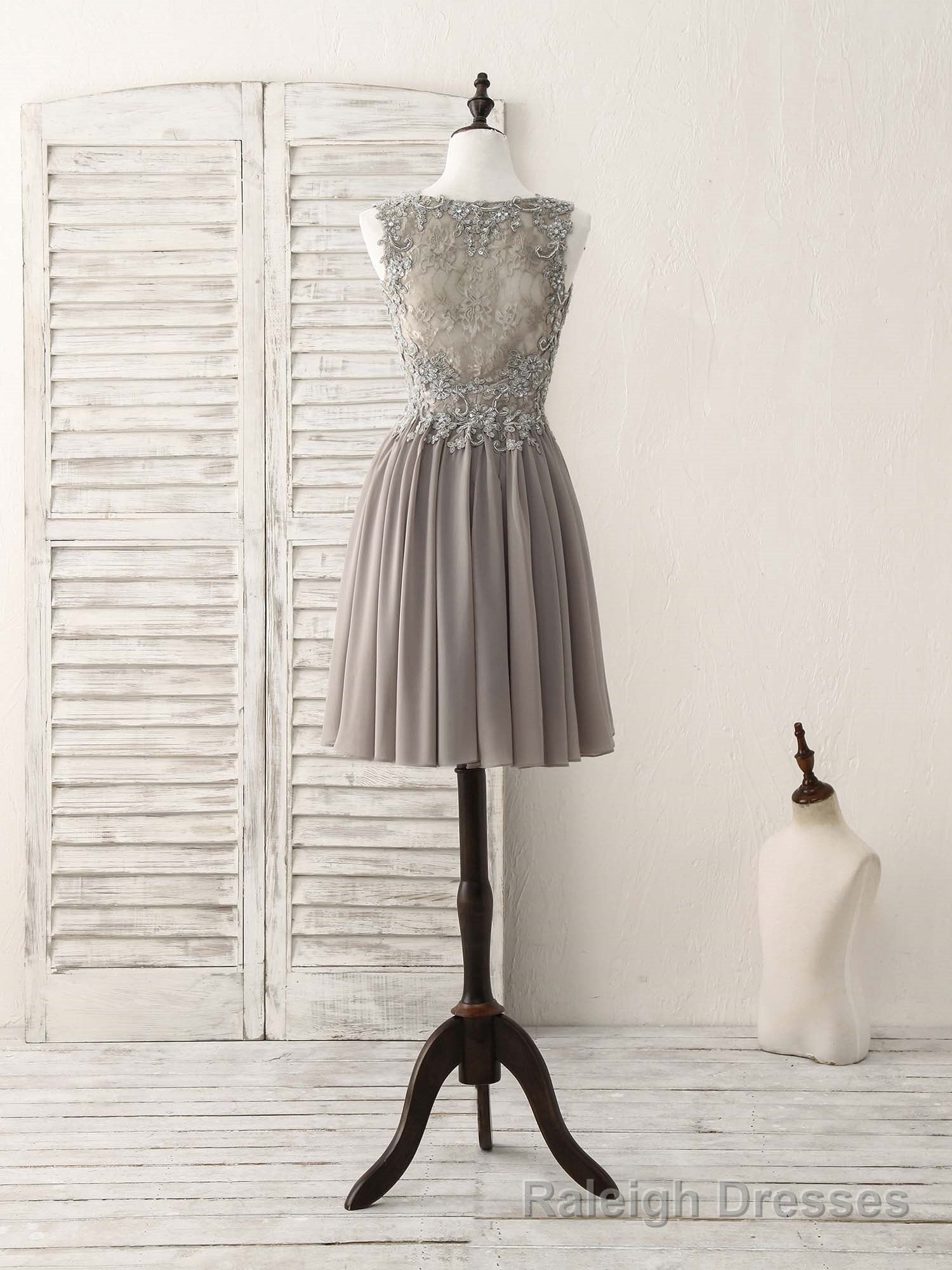 Cute V Neck Lace Chiffon Gray Short Prom Dress Gray Homecoming Dress