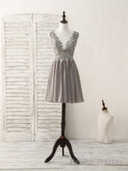 Cute V Neck Lace Chiffon Gray Short Prom Dress Gray Homecoming Dress