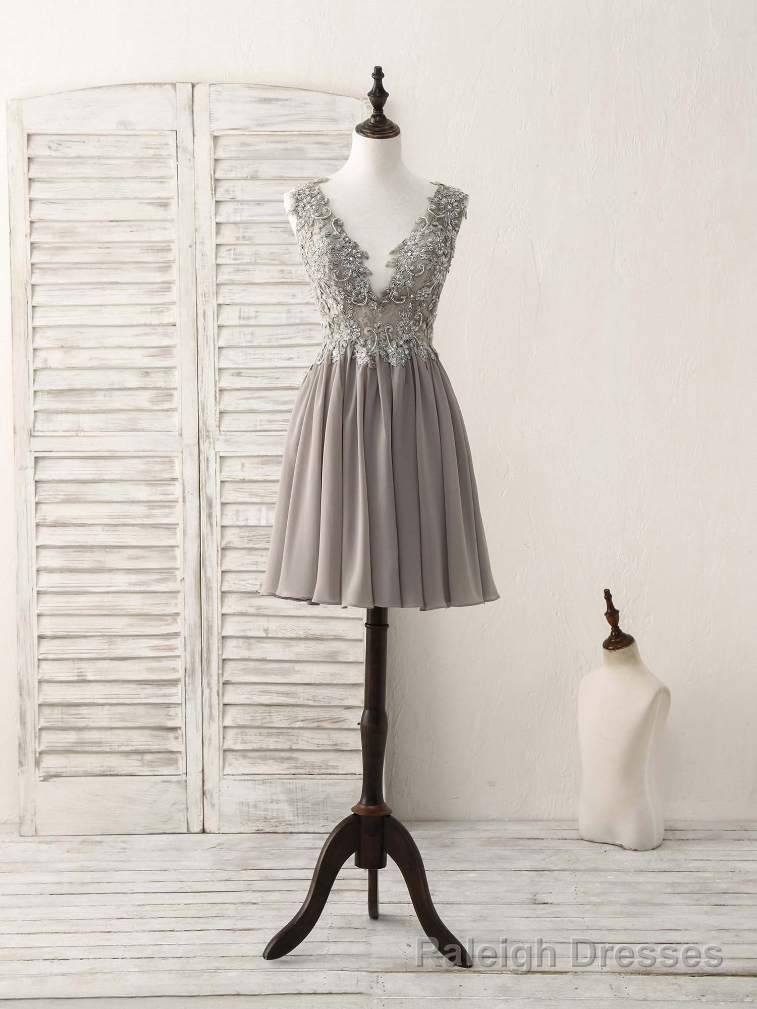 Cute V Neck Lace Chiffon Gray Short Prom Dress Gray Homecoming Dress