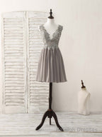 Cute V Neck Lace Chiffon Gray Short Prom Dress Gray Homecoming Dress