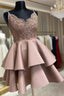 Cute V Neck Lace Short Prom Dress, A Line Spaghetti Straps Homecoming Dress