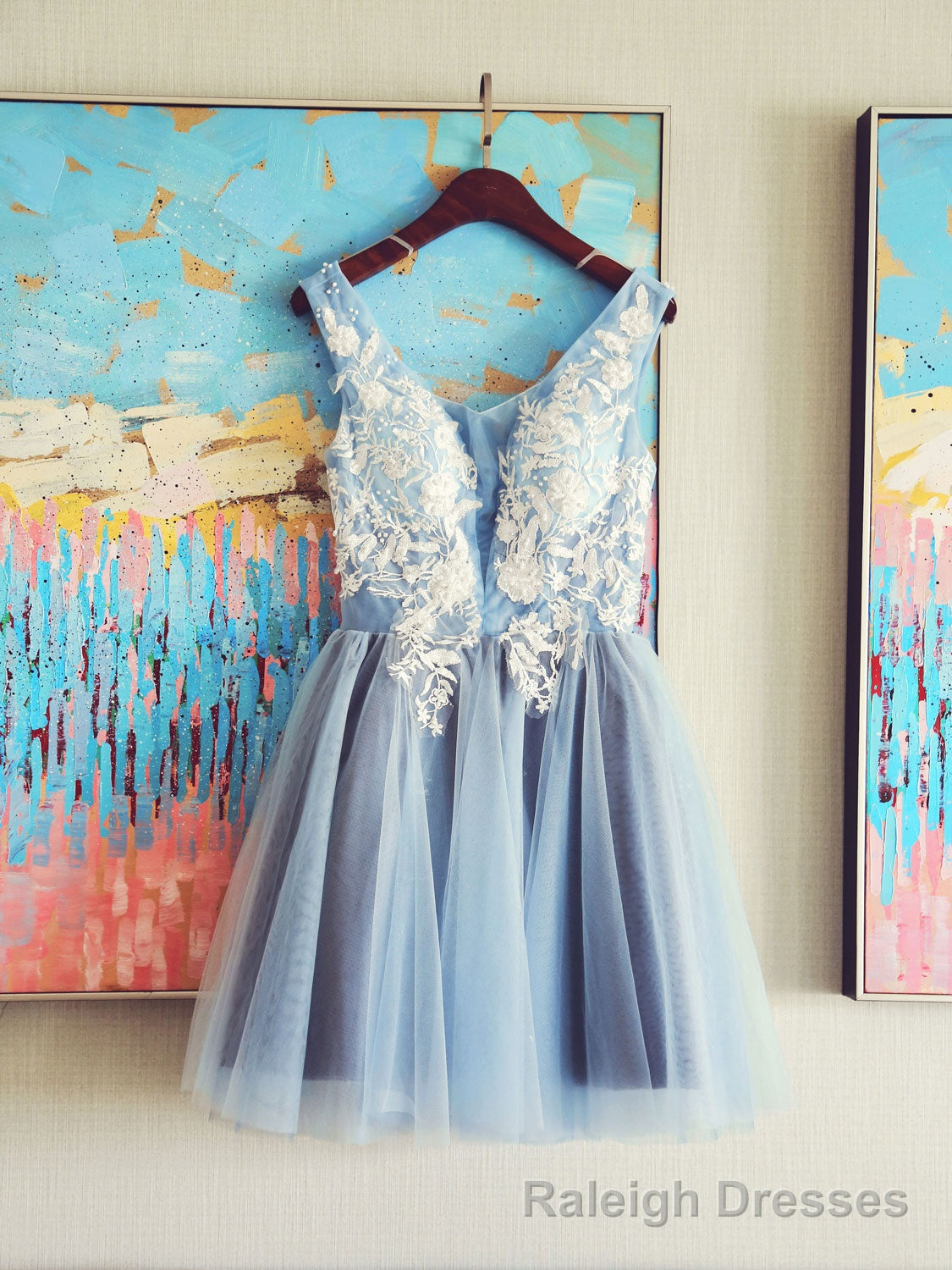 Cute V Neck Light Blue Tulle Lace Short Prom Dress Blue Homecoming Dress Main image