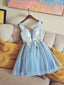 Cute V Neck Light Blue Tulle Lace Short Prom Dress Blue Homecoming Dress