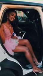 Cute V Neck Pink Short Homecoming Dress Tulle Ruffles Pink Birthday Outfit Dress