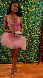 Cute V Neck Pink Short Homecoming Dress Tulle Ruffles Pink Birthday Outfit Dress