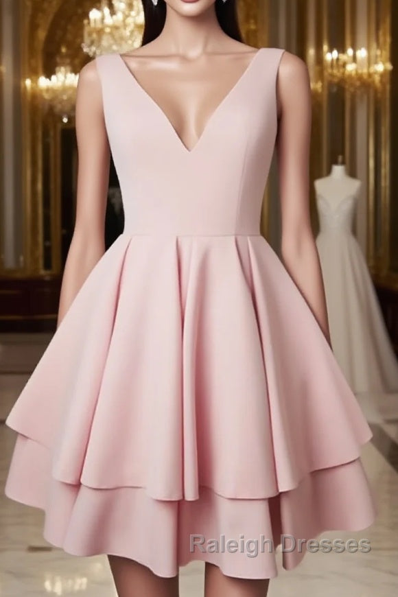 Cute v neck pink short prom dress. pink homecoming dress Main image