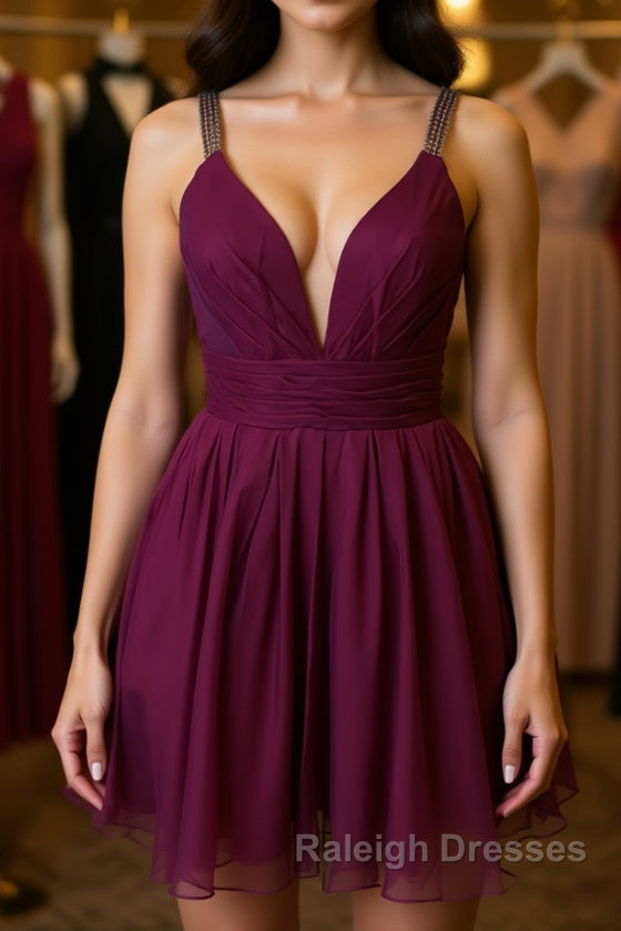 Cute V Neck Purple Chiffon Short Prom Dresses Homecoming Dresses, V Neck Purple Formal Dresses, Purple Evening Dresses Cocktail Dresses Main image