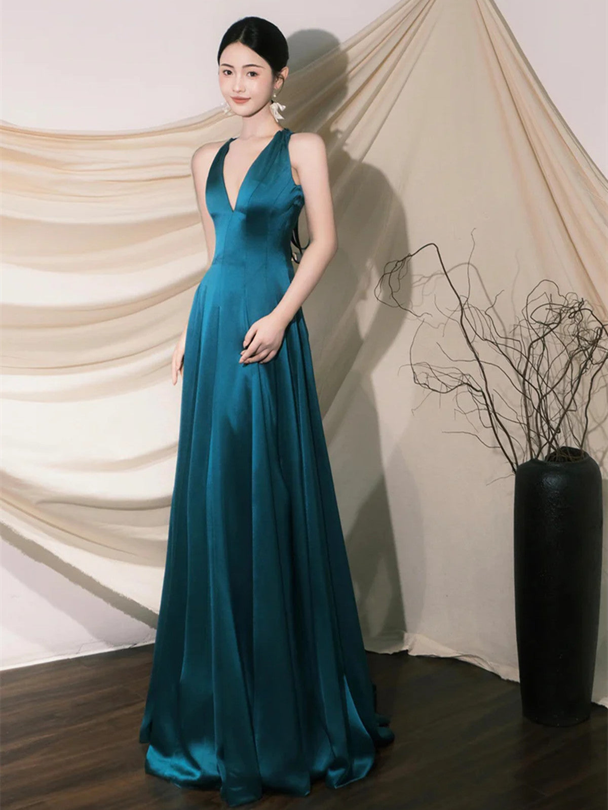 Cute V-Neck Satin Long Prom Dress, Blue A-Line Low Back Evening Party Dress Main image