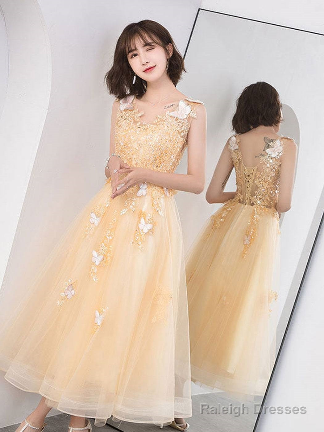 Cute V Neck Tulle Lace Tea Length Prom Dresses Champagne Lace Prom Dresses Secondary image