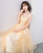 Cute V Neck Tulle Lace Tea Length Prom Dresses Champagne Lace Prom Dresses