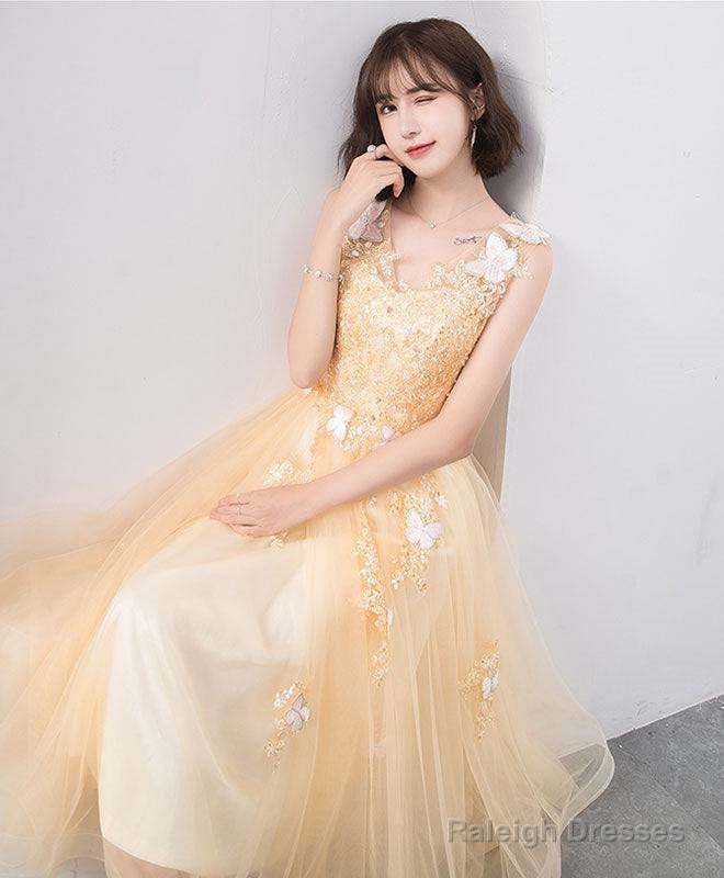 Cute V Neck Tulle Lace Tea Length Prom Dresses Champagne Lace Prom Dresses