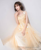 Cute V Neck Tulle Lace Tea Length Prom Dress, Champagne Lace Evening Dress