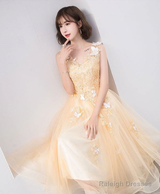 Cute V Neck Tulle Lace Tea Length Prom Dresses Champagne Lace Prom Dresses