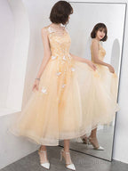 Cute V Neck Tulle Lace Tea Length Prom Dresses Champagne Lace Prom Dresses