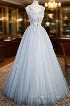 Cute V-Neck Tulle Long Prom Dress, Gray Evening Dress Party Dress