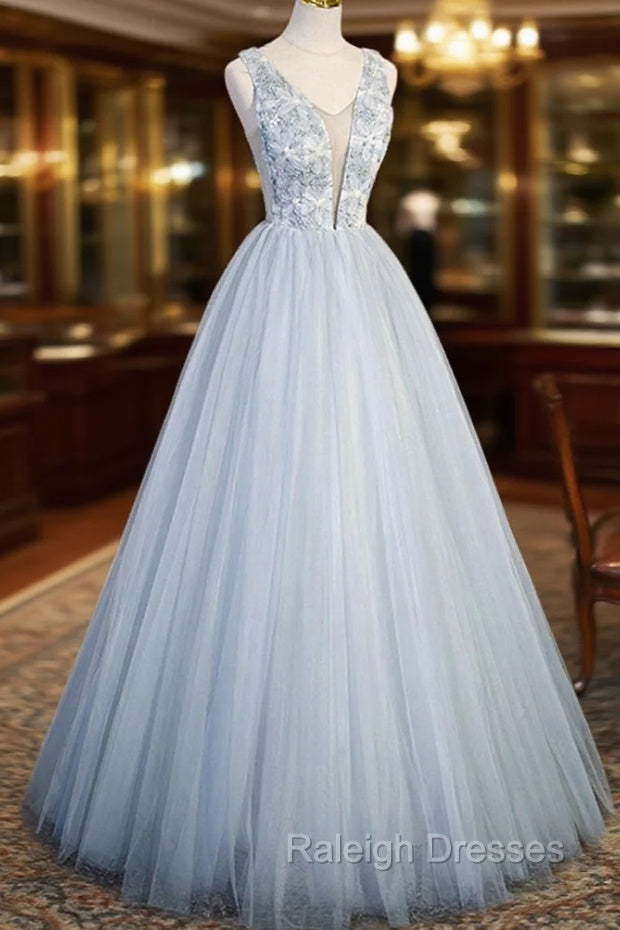 Cute V Neck Tulle Long Prom Dress, Gray Prom Dress