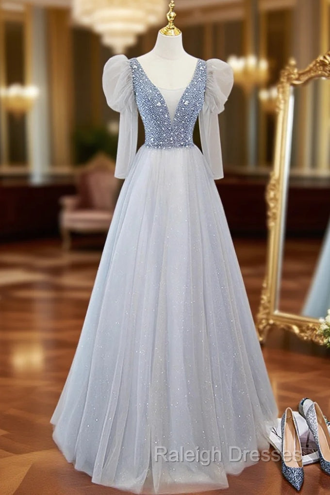 Cute V-Neck Tulle Long Prom Dress with Beaded, A-Line Long Sleeve Evening Dress