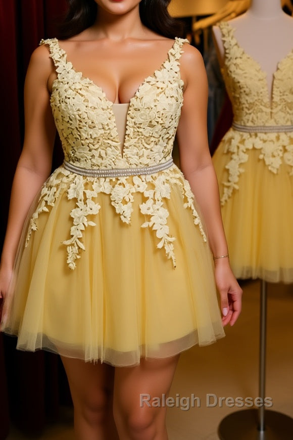 Cute V Neck Yellow Lace Short Prom Dress with Belt, Yellow Lace Homecoming Dress, Short Yellow Formal Evening Dress Main image