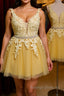Cute V Neck Yellow Lace Short Prom Dresses with Belt Yellow Lace Homecoming Dresses Short Yellow Prom Dresses