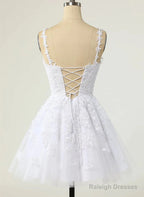 Cute V-Neckline White Tulle With Lace Graduation Dresses White Short Prom Dresses