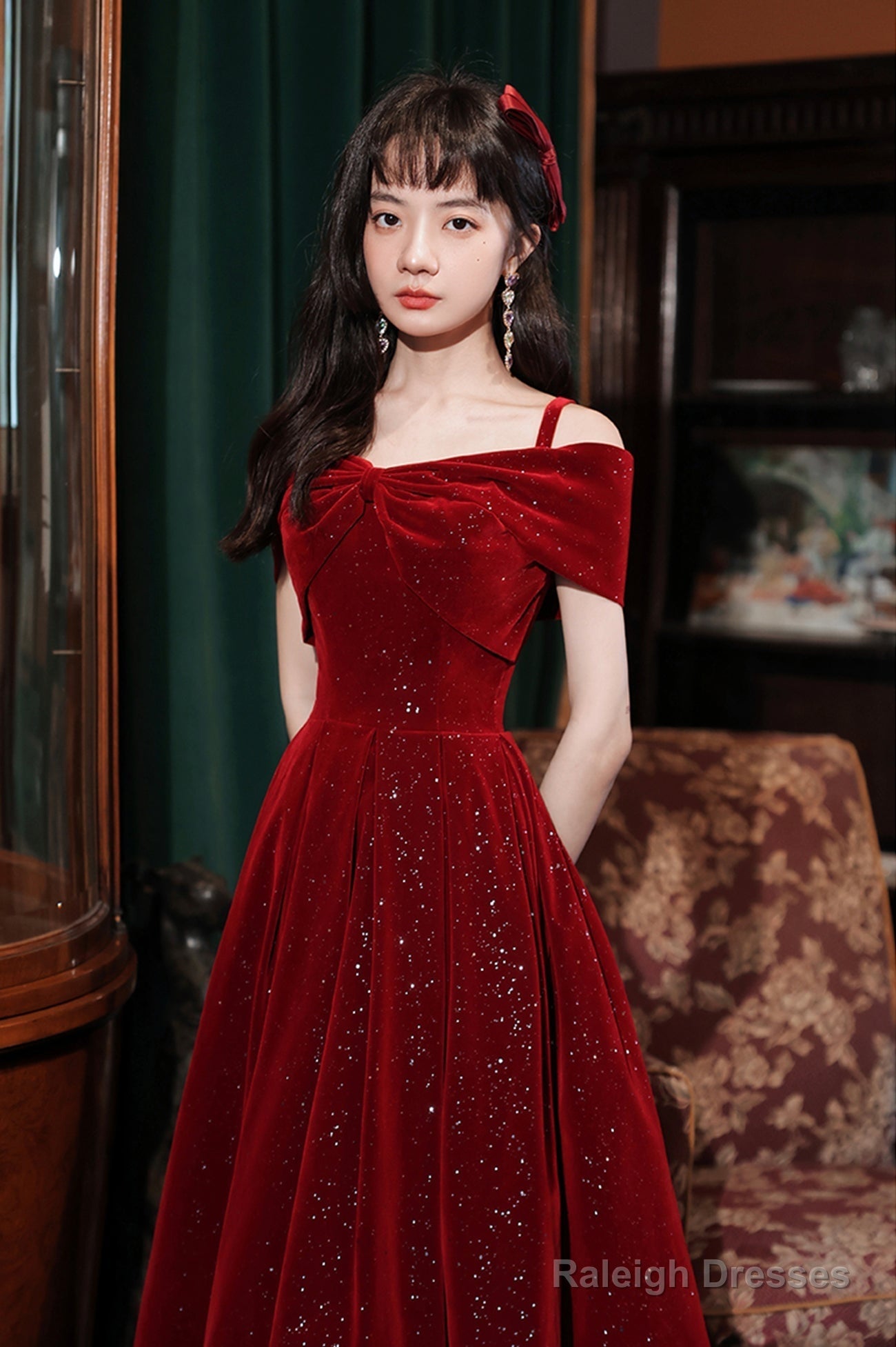 Cute Velvet Short A-Line Prom Dress, Burgundy Off The Shoulder Party Dress Secondary image