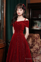 Cute Velvet Short A-Line Prom Dress, Burgundy Off The Shoulder Party Dress