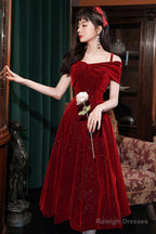 Cute Velvet Short A-Line Prom Dresses Burgundy Off The Shoulder Prom Dresses