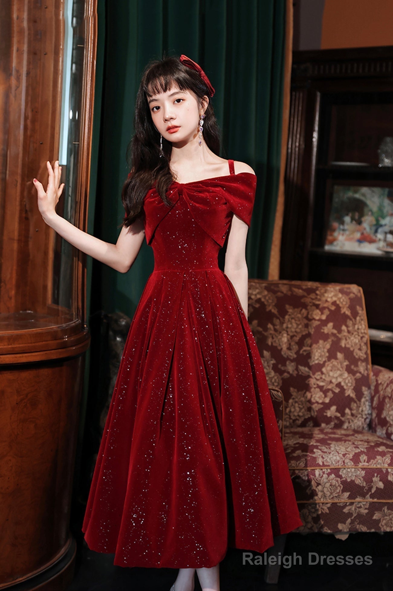 Cute Velvet Short A-Line Prom Dress, Burgundy Off The Shoulder Party Dress